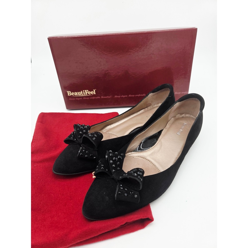 BeautiFeel Womens 40 Pumps Black Suede Kitten Leather Heels Sparkle Bows
